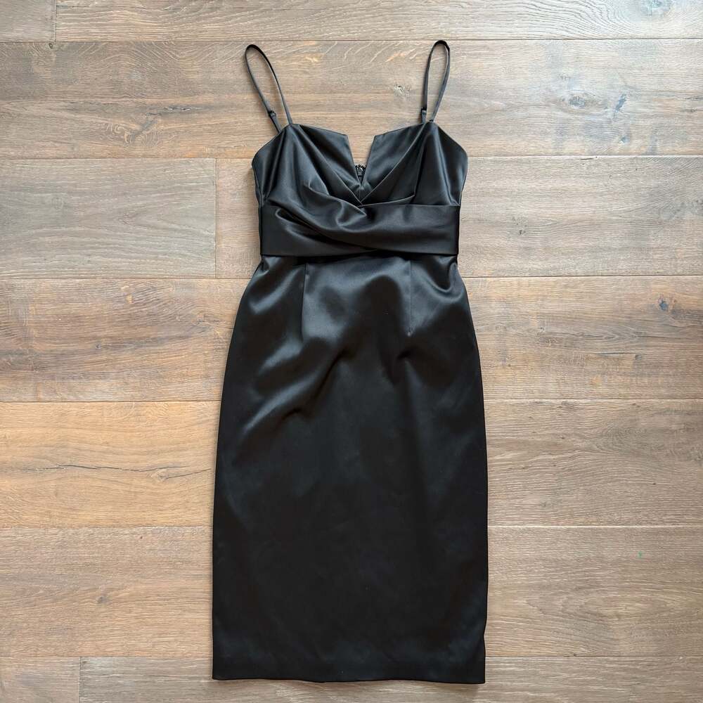 White House Black Market Black Satin Twisted Bodice Strappy Midi Dress Size 0